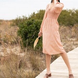 ABLE Joyce Smocked Midi Dress Womens XXS Blush Linework Pink Long Sleeve Pockets